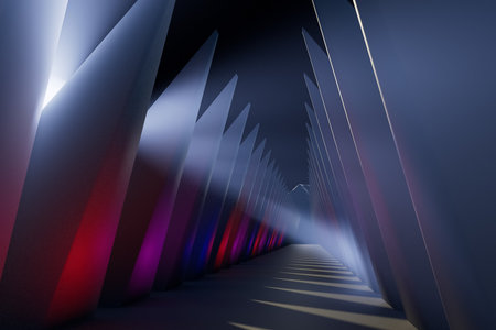 3d render illustration A long hallway with many pillars and a red lightの写真素材