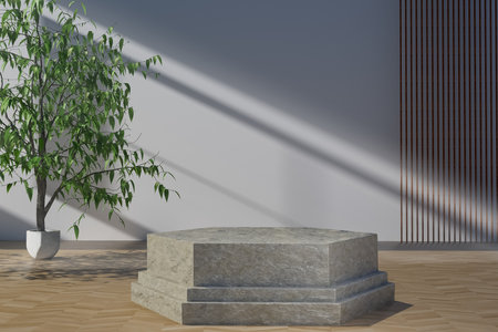 3d render illustration A stone pedestal sits in front of a large window, with a potted plant nearbyの写真素材