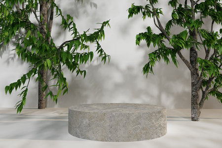 3d render illustration A stone pedestal with a tree in the backgroundの写真素材