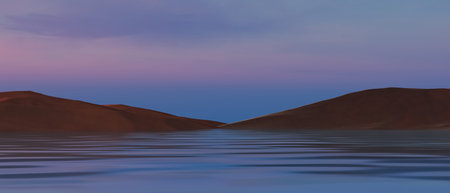 3d render illustration A beautiful, serene lake with a calm, blue water surfaceの写真素材