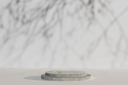 3d render illustration A stone pedestal with a shadow of a tree on the wall behind itの写真素材