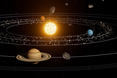 A close up of the solar system with the sun in the center and planet saturnの写真素材