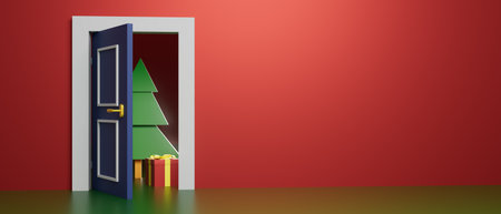 3d render illustration A blue door is open to reveal a Christmas treeの写真素材