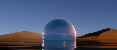 A large, clear sphere is floating in a body of waterの写真素材