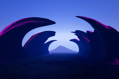 3d render illustration A mountain range with purple rocks and a blue skyの写真素材