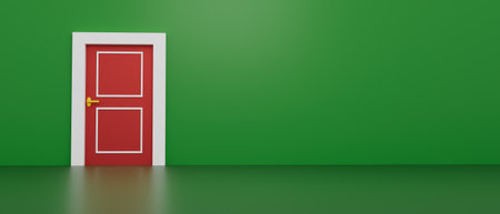 3d render illustration A red door is standing in front of a green wallの写真素材