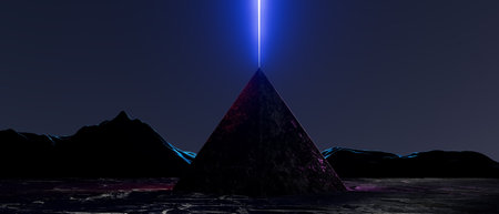 3d render illustration A pyramid is lit up in the night sky with a blue lightの写真素材