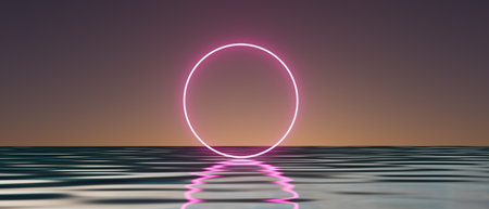 A glowing pink circle is floating in the waterの写真素材