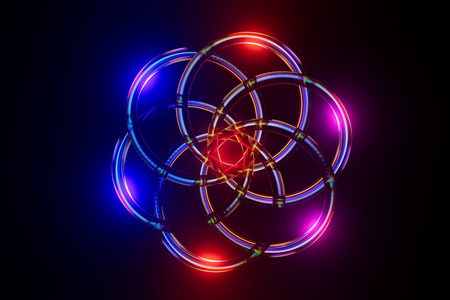 A colorful, glowing, and abstract design of circlesの写真素材