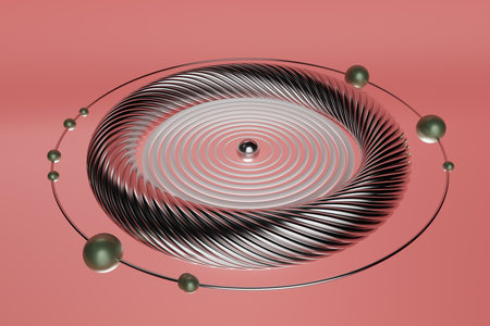 A silver and green sphere is surrounded by other spheres on a red backgroundの写真素材