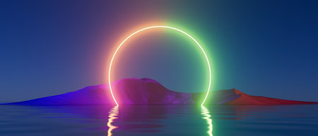 A glowing circle is reflected in the waterの写真素材
