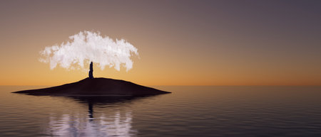 A person is standing on a small island in the oceanの写真素材