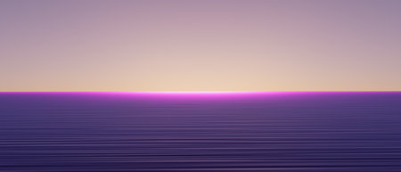 A beautiful purple ocean with a pink sun in the skyの写真素材