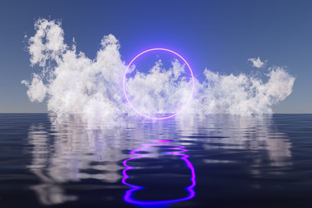 A large purple circle is floating in the sky above a body of waterの写真素材