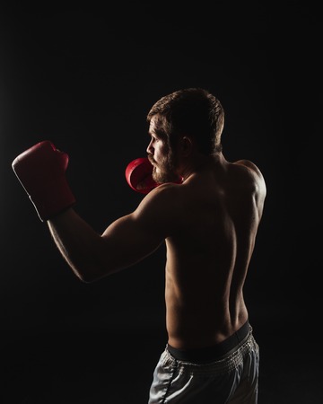 Athletic bearded boxer with gloves isolated on a dark backgroundの写真素材
