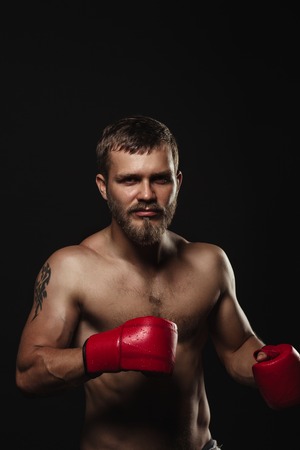 Athletic bearded boxer with gloves isolated on a dark backgroundの写真素材