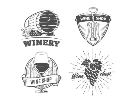 Wine shop badges. Set of vintage logos for wine shop or winery. Vector black and white stickers with barrel, glass, grape, corkscrew and other elementsのイラスト素材