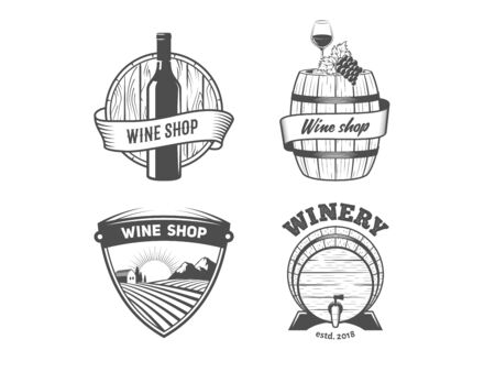 Wine shop logos. Set of vintage badges for wine shop or winery. Vector black and white stickers with wooden barrels, vineyard, glass, bottle, grape, and other elementsのイラスト素材