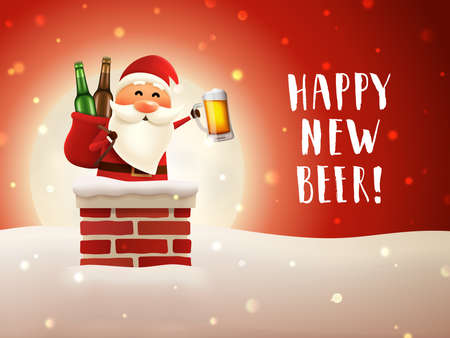 Beer Santa lettering poster. New year greeting card with drunk Santa Claus in the chimney holding beer mug and a sack with bottles. Handwritten typography. Winter christmas background.のイラスト素材