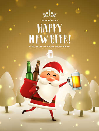 Santa with beer new year greeting card. Santa Claus running with beer mug and a sack with bottles in the moonlight. Golden christmas forest background. Handwritten lettering poster.のイラスト素材