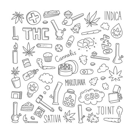 Cannabis doodles set. Hand drawn marijuana leaves, smoking pipes, joints, bongs and other elements. vector cartoon objects.のイラスト素材