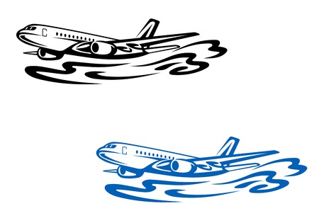 Flying airplane in silhouette style. Vector illustrationのイラスト素材