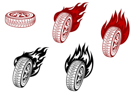 Wheels with fire flames for racing symbols or tattoosのイラスト素材