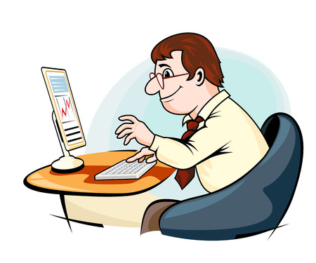 Smiling businessman in cartoon style working on computerのイラスト素材