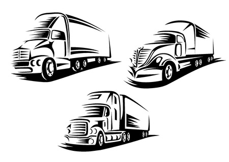 Cargo trucks with heavy trailers moving on a road in outline sketch style isolated on white background for transportation company or delivery service designのイラスト素材