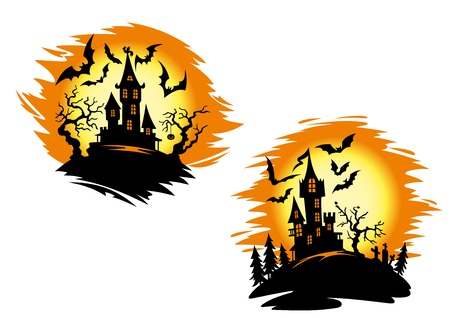 Silhouettes of old castle, flying bats, trees and cemetery with orange moon on the background for halloween decoration or party invitation designのイラスト素材