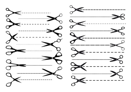 Black silhouettes of open scissors with dotted and dashed cut lines suited for packaging or promotion designのイラスト素材