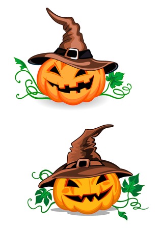 Cute pumpkin halloween lanterns with witch hats in cartoon style showing orange squash vegetable with carved smiling face, curly vine and leaves for halloween decor designのイラスト素材