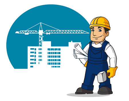 Smiling builder in cartoon style for design of construction buildingsのイラスト素材