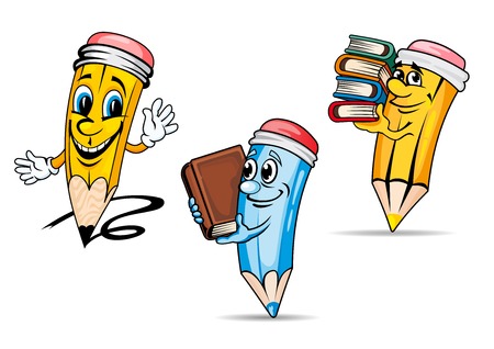 Cheerful yellow and blue pencils cartoon characters with red erasers at the tips and books in the hands suited for education or childish designのイラスト素材