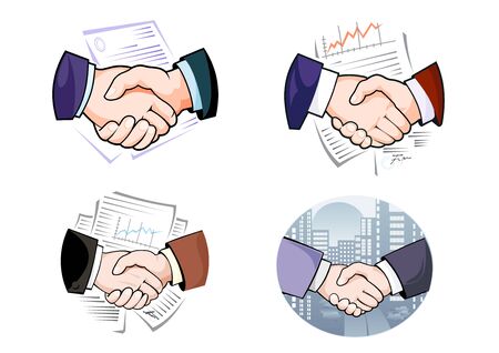 Business handshakes against night cityscape and working papers with line graphs and signatures for partnership or agreement concept designのイラスト素材