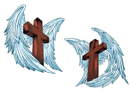 Wooden crosses with blue angel wings isolated on white background suitable for religious or tattoo designのイラスト素材