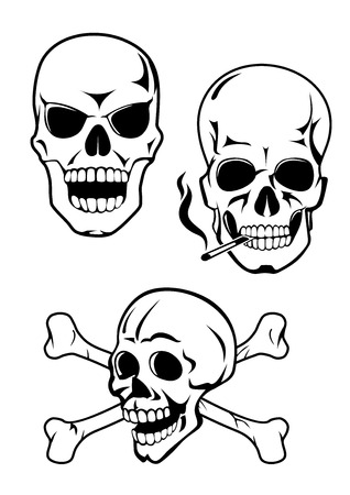 Human skulls with evil grin, crossed bones and fuming cigarette isolated on white background for warnings, prohibition signs or tattoo designのイラスト素材