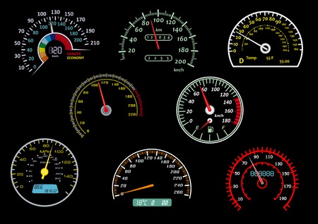 Colorful glowing car speedometers with needles in different positions isolated on black background suitable for racing or transportation designのイラスト素材