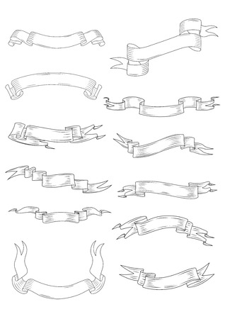 Vintage ribbon and parchment banners with waves and swirls isolated on white background for heraldic designのイラスト素材