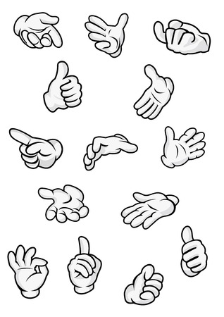 Human hand and fingers signs and gestures showing direction, attention, ok, super etc in cartoon style isolated on white backgroundのイラスト素材