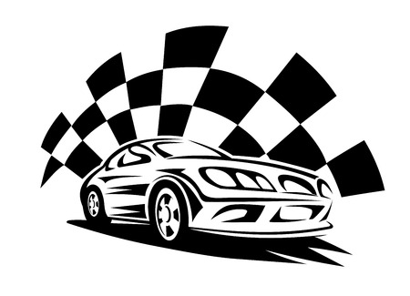 Black silhouette of modern racing car with checkered flag on the background for automotive sporting competition emblem のイラスト素材