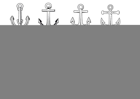 Vintage anchor symbols in outline sketch style isolated on white background suited for tattoo or nautical designのイラスト素材