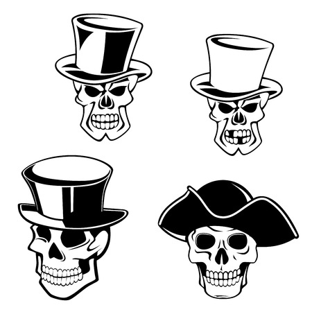Cartoon skulls in retro top hats and captain pirate hat in black and white colors for halloween decoration decoration or tattoo designのイラスト素材
