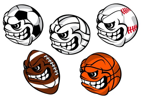 Cartoon sporting balls mascot characters including equipment for football or soccer, baseball, volleyball, rugby, basketball with grinning facesのイラスト素材