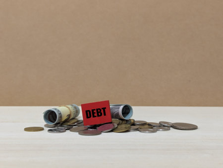 coins, banknotes, and wooden cubes with the word Debt. financial concept.の写真素材