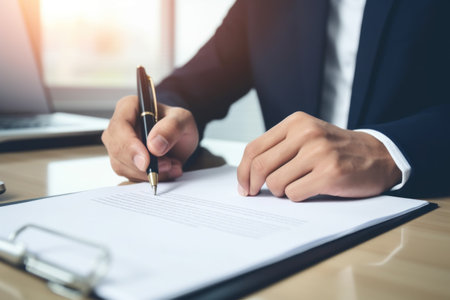 Close up a hand signing the document at the table on office room.の素材