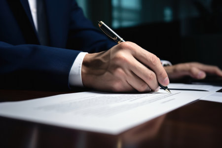 Close up a hand signing the document at the table on office room.の素材