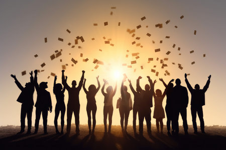 Excited group of people grabbing dollars in the air.の素材