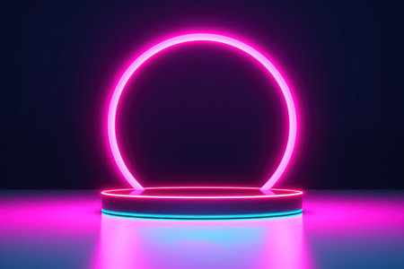 illustration of 3d rendering abstract podium neon circle tunneling lights for ecommerce signs retail.の素材