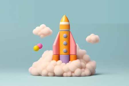 3d cartoon style minimal spaceship rocket icon Toy rocket upswing.の素材